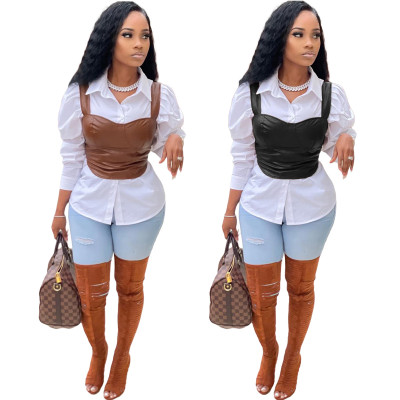 New solid color PU leather sleeveless sling, chest-wrapped zipper vest