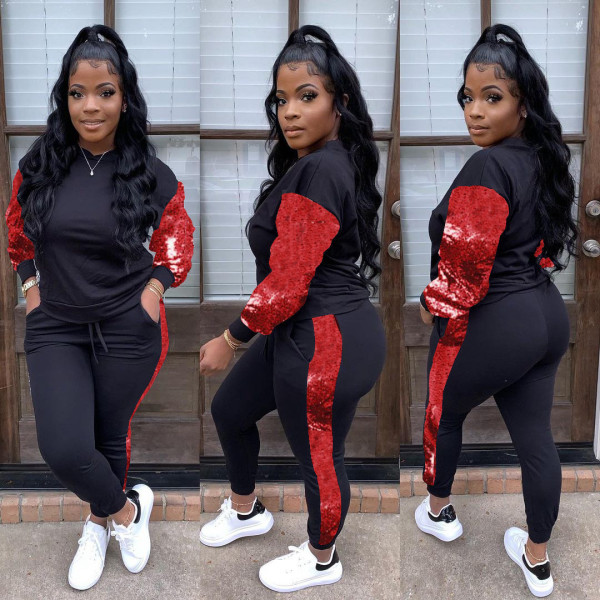 Fashion lined with sequins splicing sleeve head personalized all-match suit two-piece suit
