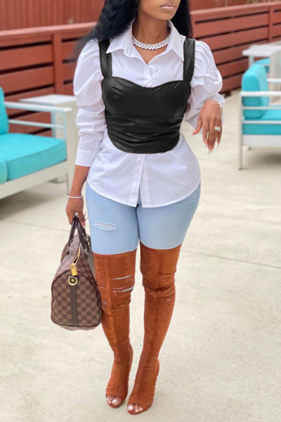 New solid color PU leather sleeveless sling, chest-wrapped zipper vest