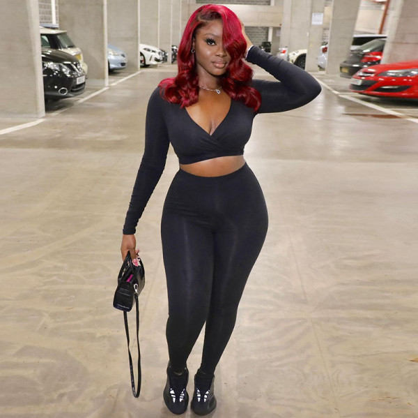 Women's winter new cross V-neck long-sleeved T-shirt high waist casual tight trousers suit women