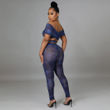 Hot sale lace-up mesh printing sexy fashion two-piece women's suit