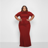 Explosive large size solid color pleated fashion sexy women's two-piece suit