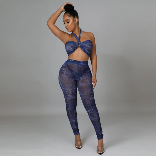 Hot sale lace-up mesh printing sexy fashion two-piece women's suit