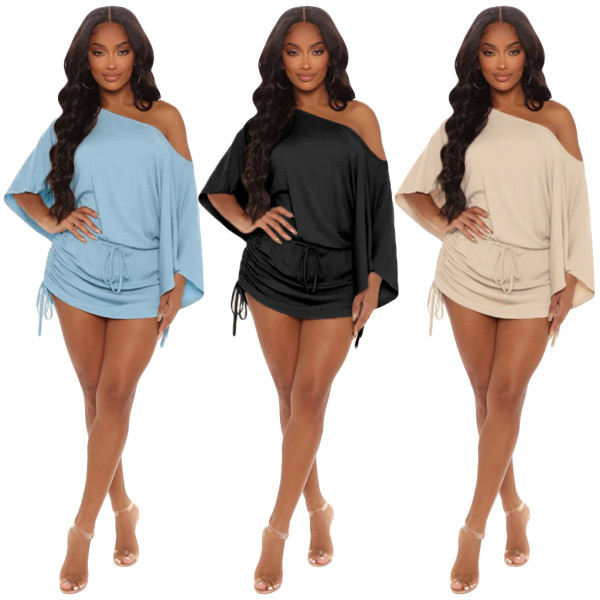 New style hot sale solid color sexy one-shoulder fashion European and American women's dress