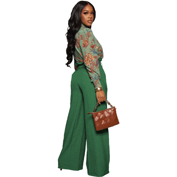 Fashion sexy belted solid color wide leg pants