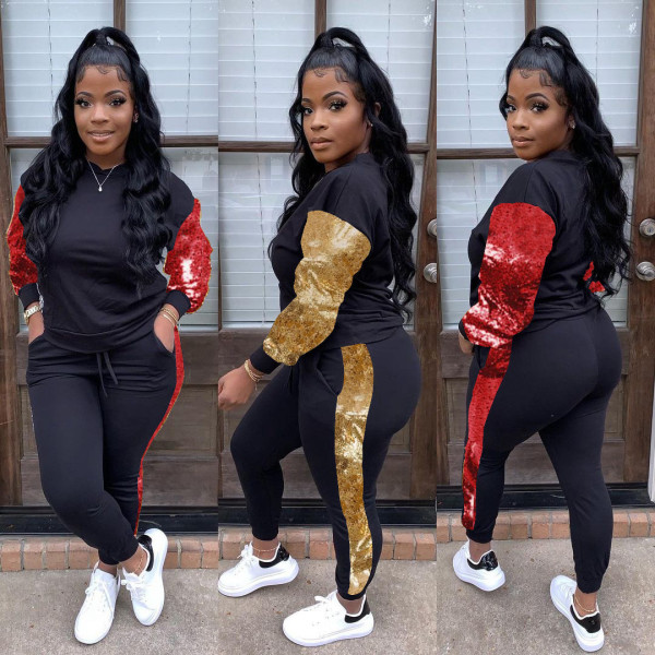 Fashion lined with sequins splicing sleeve head personalized all-match suit two-piece suit
