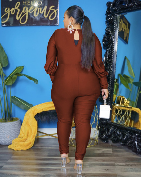 V-neck fashion casual plus size solid color jumpsuit