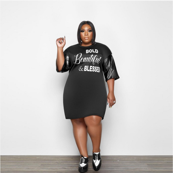 Explosive letter printing and leather fashion sexy women's dress