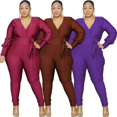 V-neck fashion casual plus size solid color jumpsuit