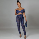 Hot sale lace-up mesh printing sexy fashion two-piece women's suit