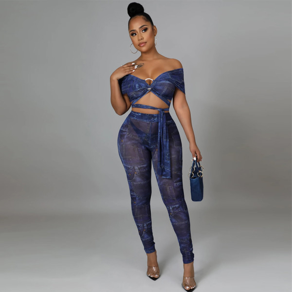 Hot sale lace-up mesh printing sexy fashion two-piece women's suit