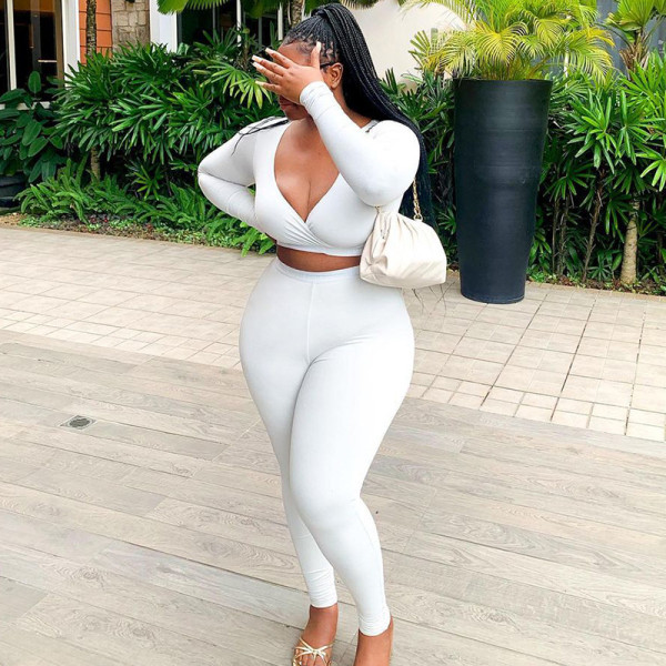 Women's winter new cross V-neck long-sleeved T-shirt high waist casual tight trousers suit women