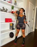 Women's winter new sexy sling one-piece high waist hollow short mesh suit women