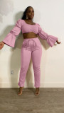 Sexy fashion solid color trumpet sleeve two-piece suit