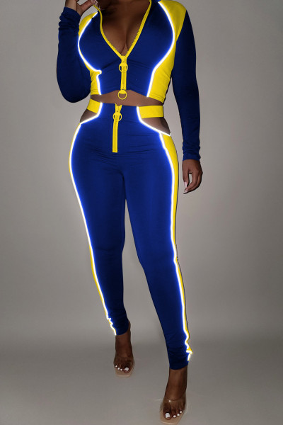 New women's clothing stitching two-color two-way zipper night luminous line two-piece suit