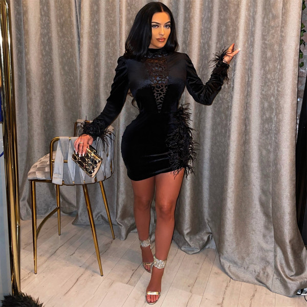 Fashion sexy feather waist dress with velvet texture and slim figure