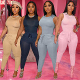 Women's Sleeveless Vest Skinny Two-piece Pocket Casual Solid Color Two-Piece Set
