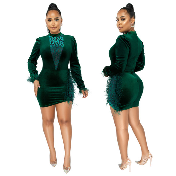 Fashion sexy feather waist dress with velvet texture and slim figure