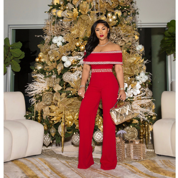 New women's clothing printed line one-word shoulder wrap chest invisible zipper jumpsuit