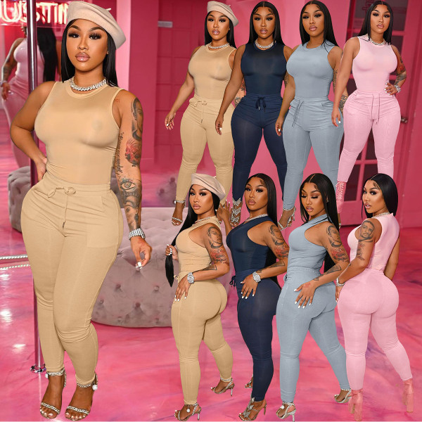 Women's Sleeveless Vest Skinny Two-piece Pocket Casual Solid Color Two-Piece Set
