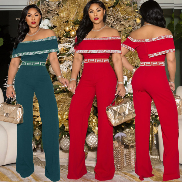 New women's clothing printed line one-word shoulder wrap chest invisible zipper jumpsuit