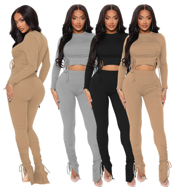 Autumn and winter threaded drawstring strap suit women