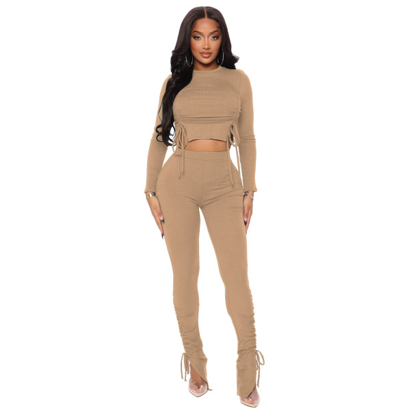 Autumn and winter threaded drawstring strap suit women