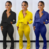 Two-piece fashion solid color drawstring