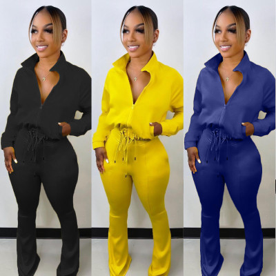 Two-piece fashion solid color drawstring