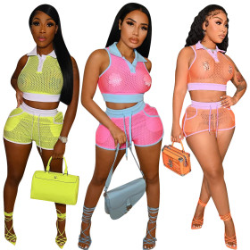 New sexy hollow tank top and shorts two-piece suit