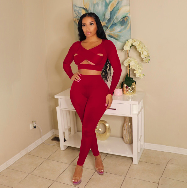 Autumn solid color personalized hollow cross two-piece suit