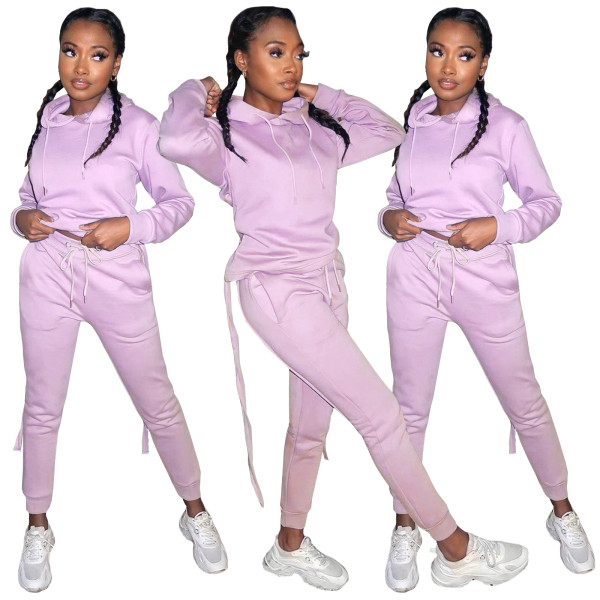 Tie Hollow Hooded Sexy Long Sleeve Two-Piece Set