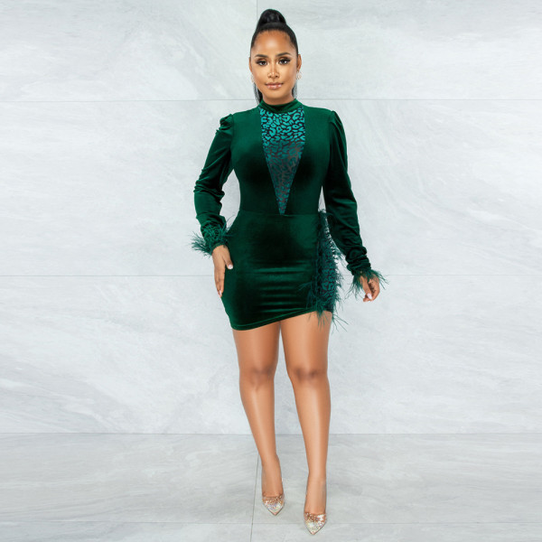 Fashion sexy feather waist dress with velvet texture and slim figure