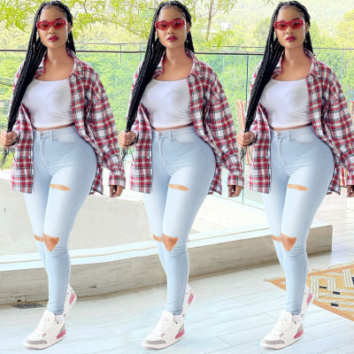 Plus size women's denim stretch ripped skinny denim trousers