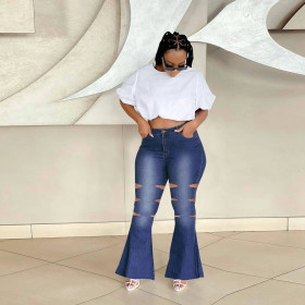 Women's plus size women's low stretch ripped bootcut jeans women