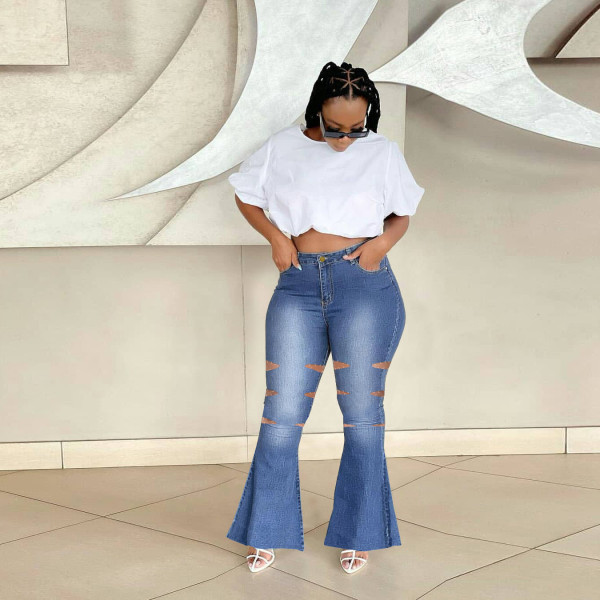 Women's plus size women's low stretch ripped bootcut jeans women