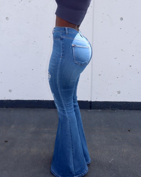 Fall and winter design sense low stretch denim wide leg flared pants