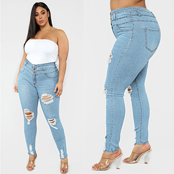 High waist ripped large size fat jeans women small feet jeans women