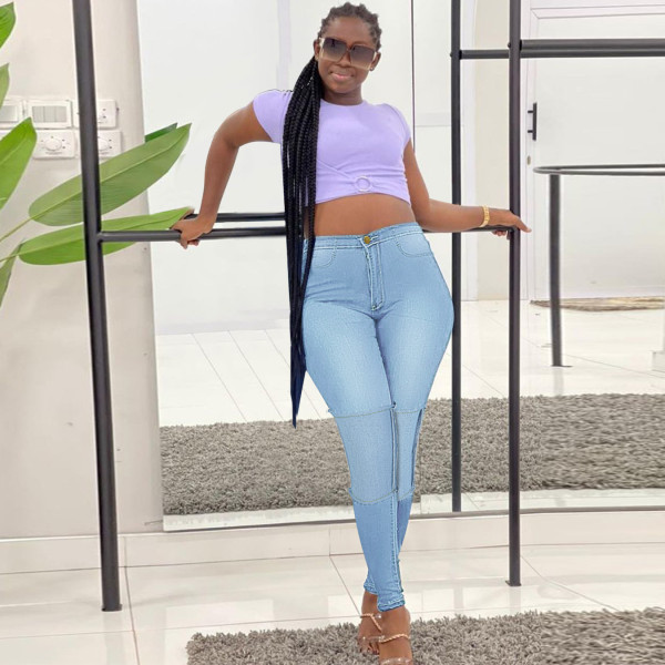 Plus size women's high waist mid-high stretch stitching jeans