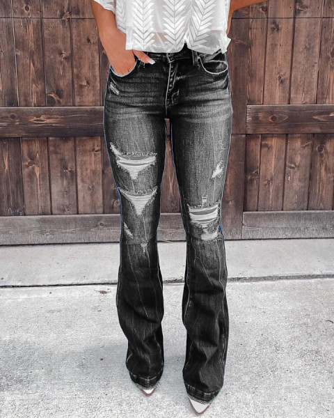 The new casual pants are thin, low-elastic, ripped denim wide-leg women's trousers