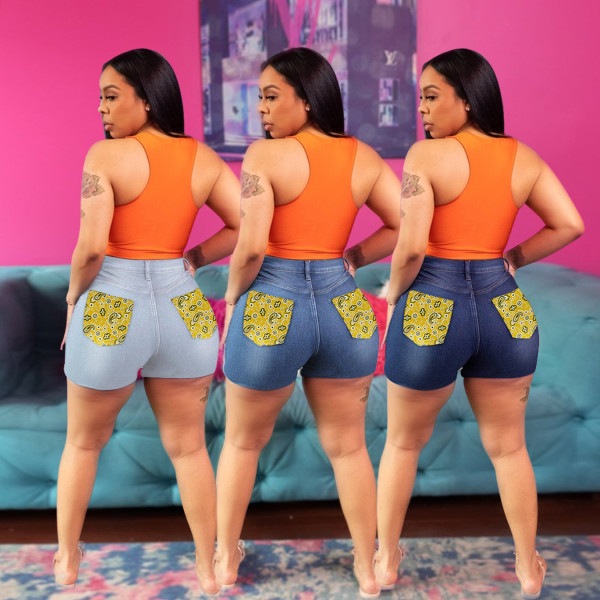 Plus size women's medium stretch personality stitching fabric denim shorts women
