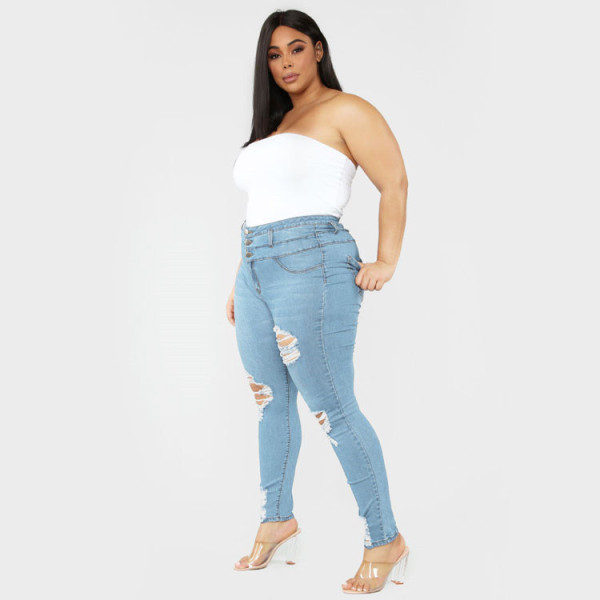 High waist ripped large size fat jeans women small feet jeans women