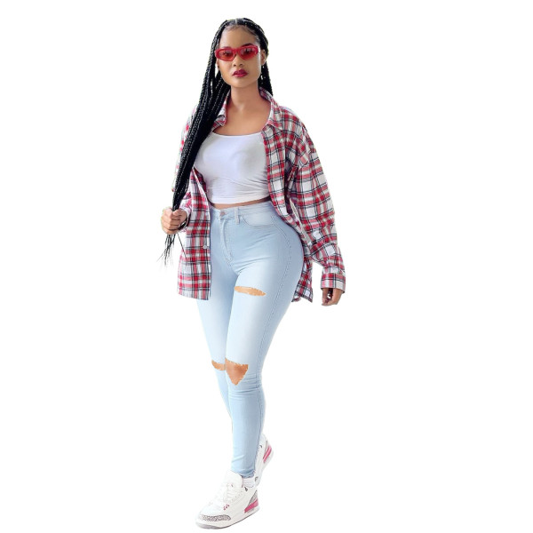 Plus size women's denim stretch ripped skinny denim trousers