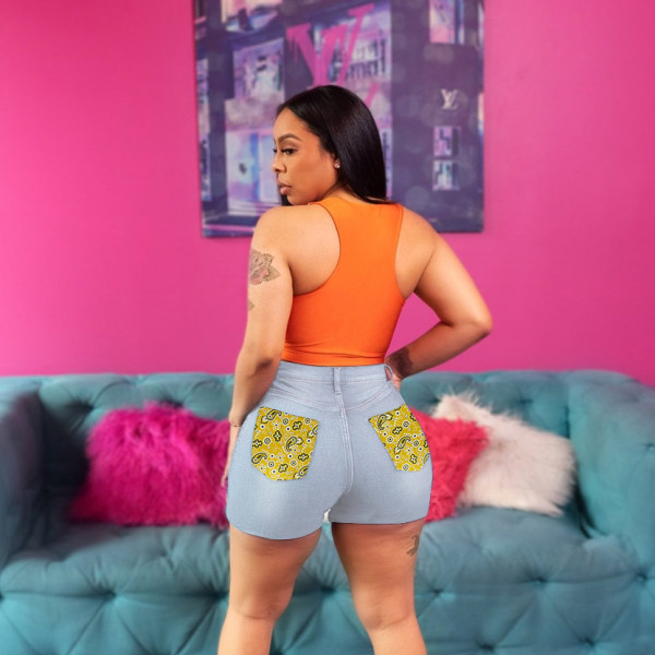 Plus size women's medium stretch personality stitching fabric denim shorts women