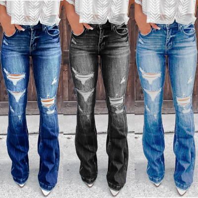 The new casual pants are thin, low-elastic, ripped denim wide-leg women's trousers