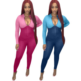 Ladies' high collar threaded zipper sports jumpsuit