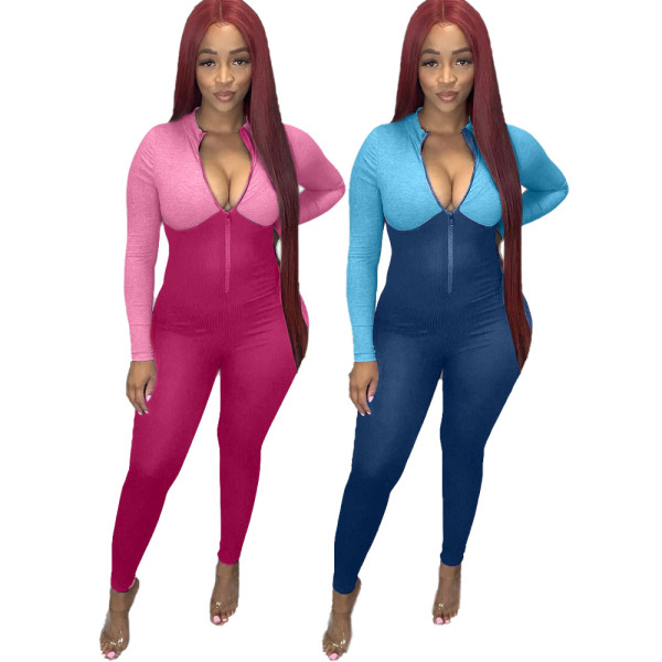 Ladies' high collar threaded zipper sports jumpsuit