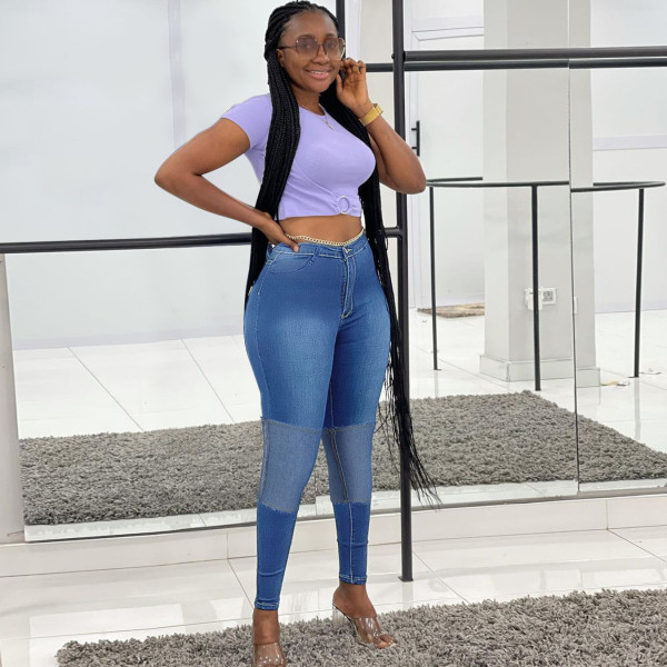 Plus size women's high waist mid-high stretch stitching jeans