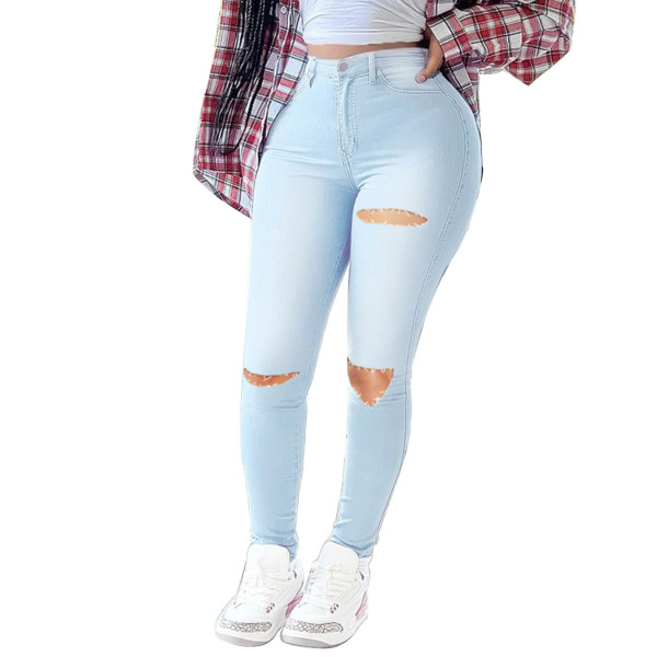 Plus size women's denim stretch ripped skinny denim trousers