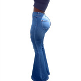 Fall and winter design sense low stretch denim wide leg flared pants